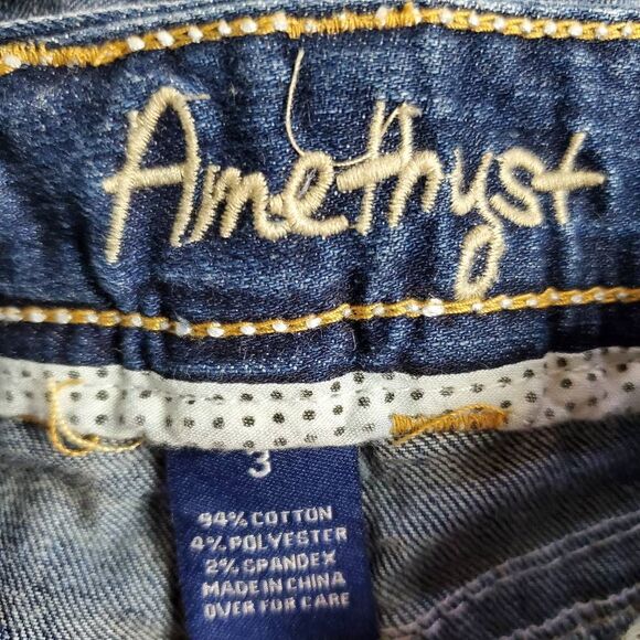 Amethyst Distressed Denim Skirt Juniors Size 3 Blue Jean Mini Embroidered Pocket - Picture 4 of 6